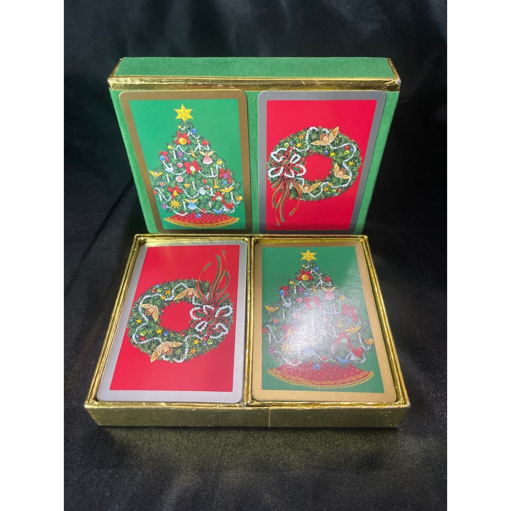Vintage Congress Christmas Playing Cards Double Deck Set Tree Wreath Spain Green